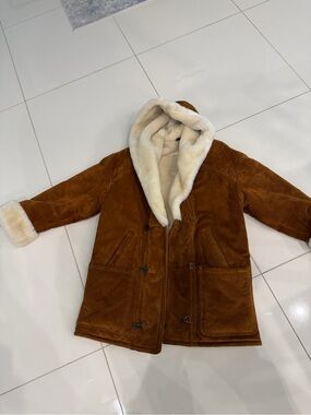 Gallery Chestnut genuine leather Suede Shearling Coat with Cream Fur Trim